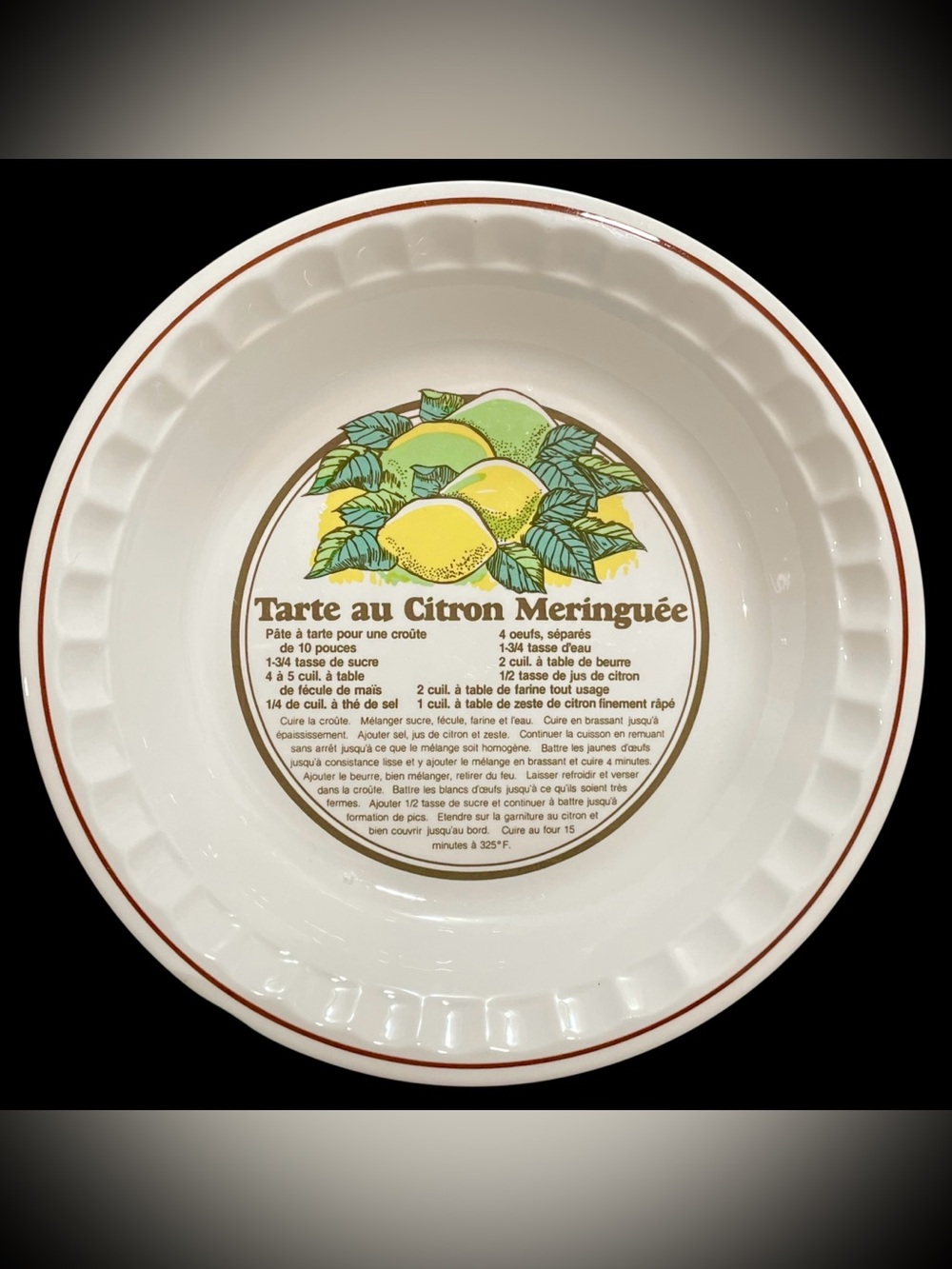 Vintage 1980s Lemon Meringue Pie Tart Plate - Oven Safe